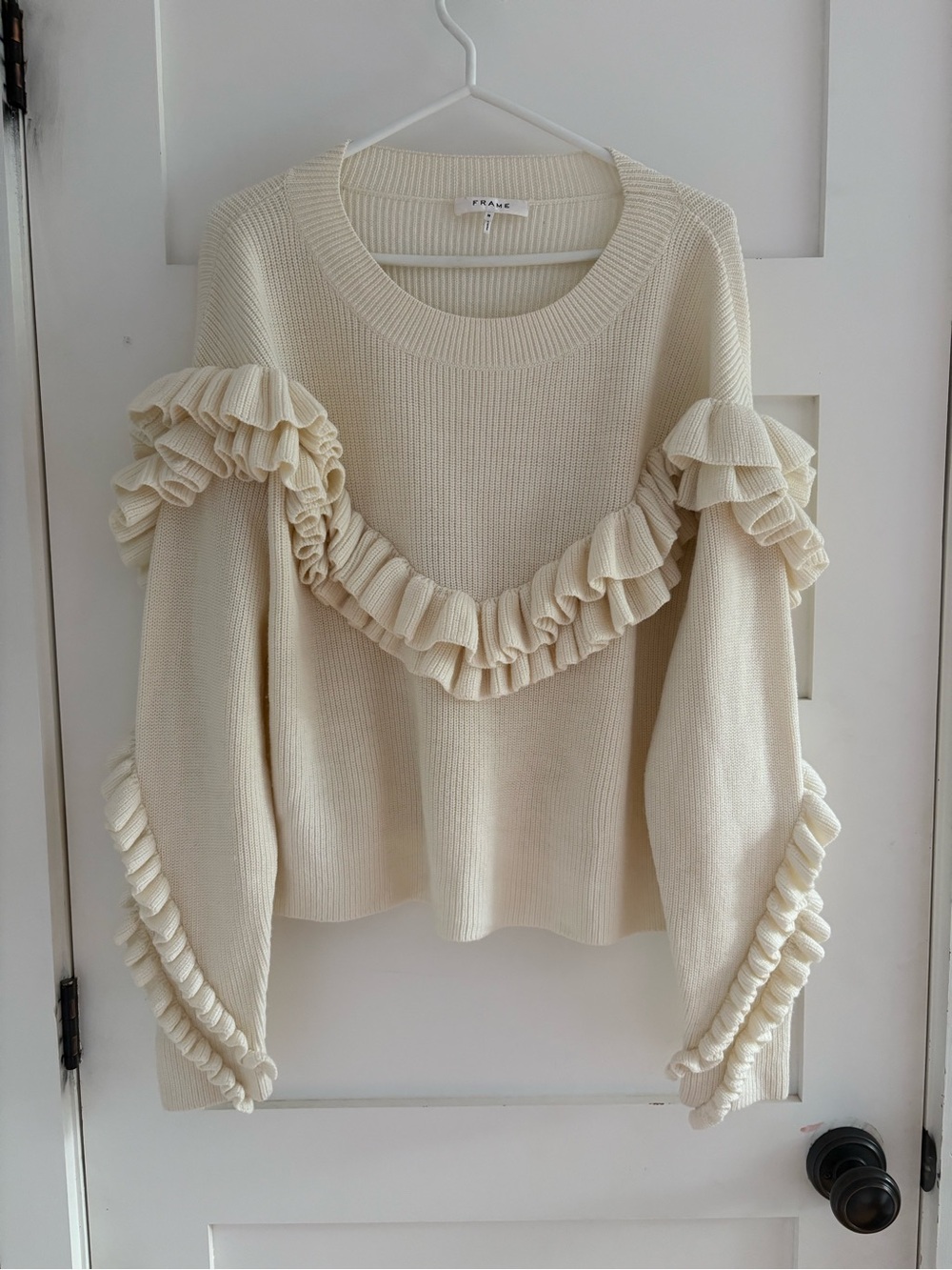 FRAME Ruffle Yoke Ribbed Sweater Off White size M - Picture 13 of 14